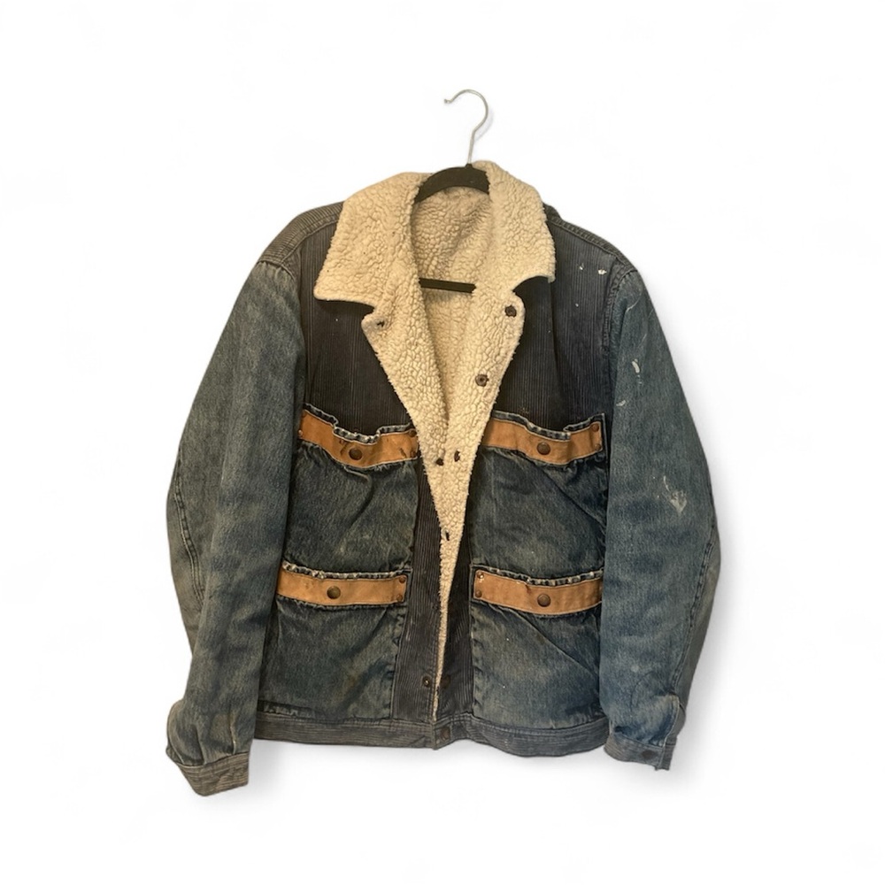 VTG Men's Denim Sherpa Jacket with Brown Accents